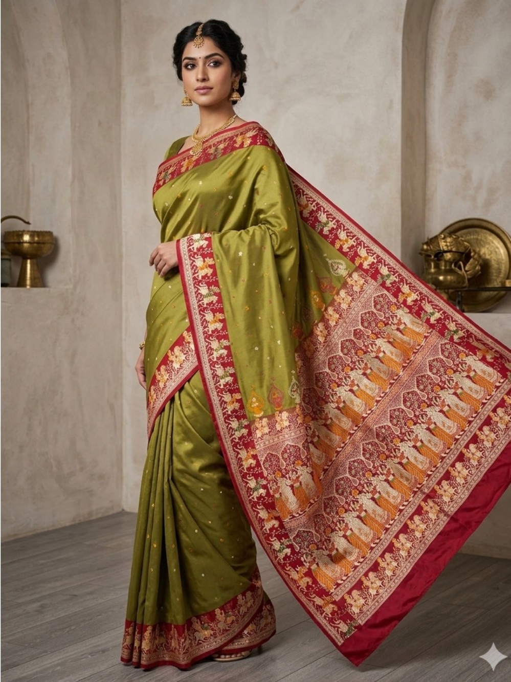 Olive Green and Maroon Embroidered Women's Baluchari silk saree